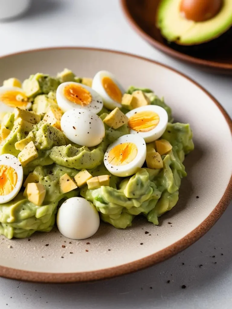 A plate of mashed avocado topped with chopped hard-boiled eggs and a sprinkle of black pepper. The dish looks light, healthy, and perfect for a quick and satisfying meal.