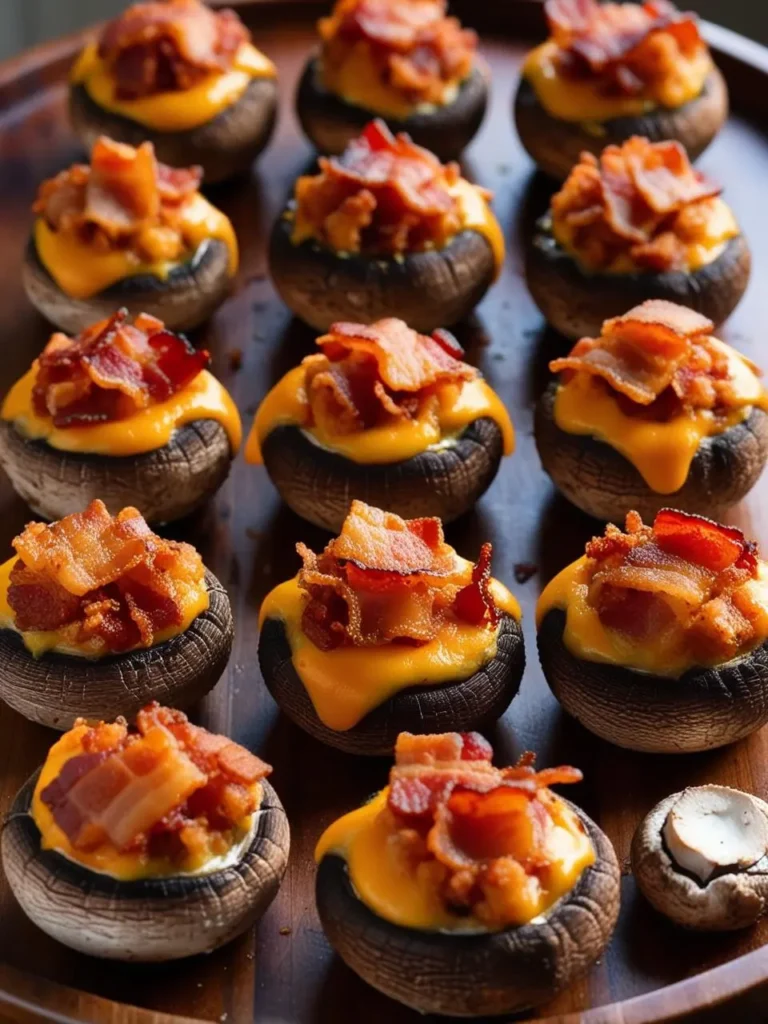 A platter of decadent bacon and cheese stuffed mushrooms. Each mushroom cap is filled with a creamy filling and topped with crispy bacon bits and melted cheese. It looks like a crowd-pleasing appetizer.