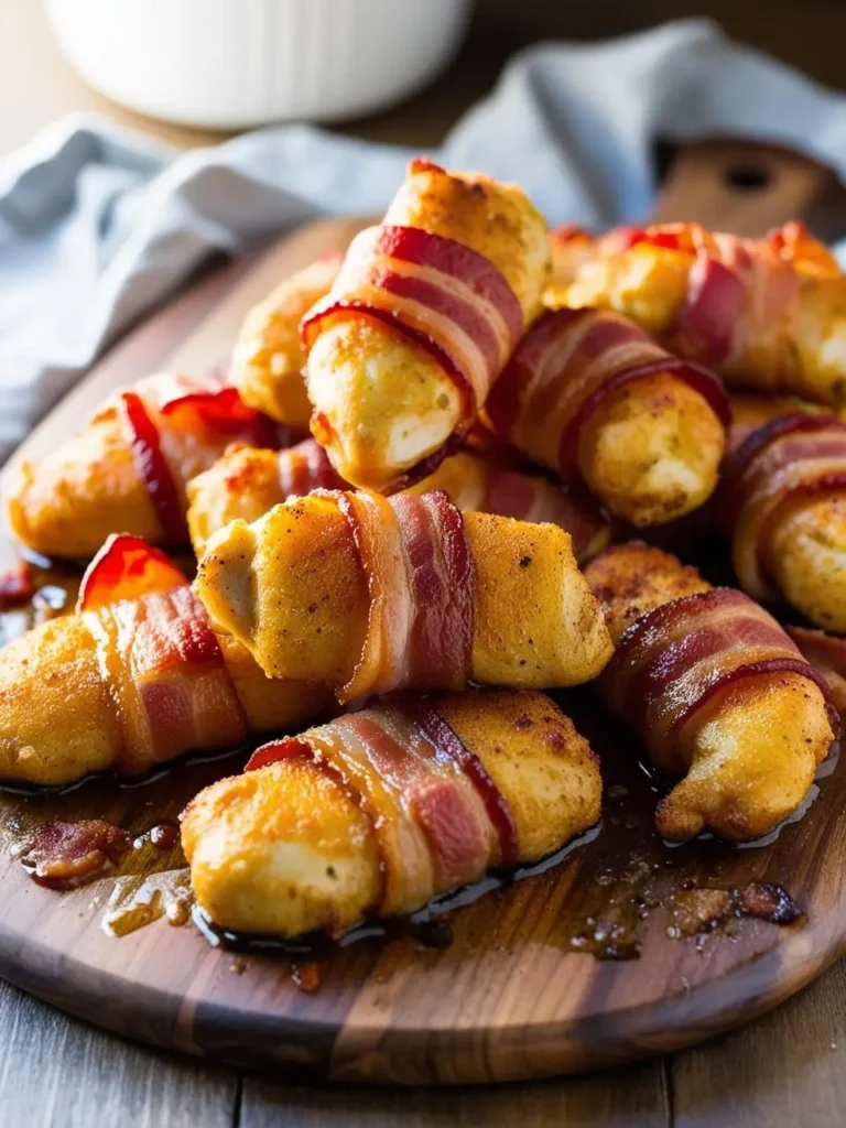 A close-up of a wooden board filled with crispy bacon-wrapped chicken tenders. The chicken is golden brown and the bacon is crispy, making for a delicious and indulgent appetizer.