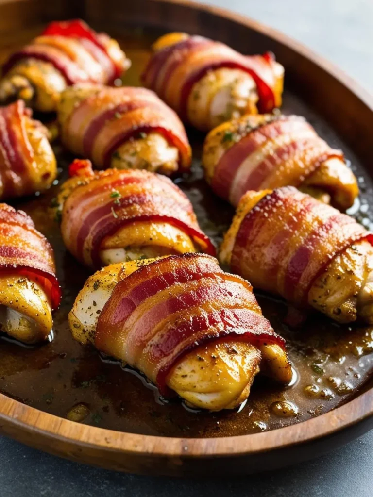 A close-up of a wooden platter filled with golden-brown bacon-wrapped chicken thighs. The chicken is seasoned and wrapped in crispy bacon, resting on a bed of flavorful juices.