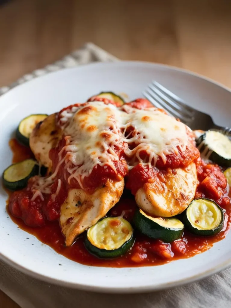 Two golden brown chicken breasts are covered in a rich tomato sauce and melted mozzarella cheese. The dish is served with grilled zucchini slices on a white plate, making it a delicious and healthy meal.