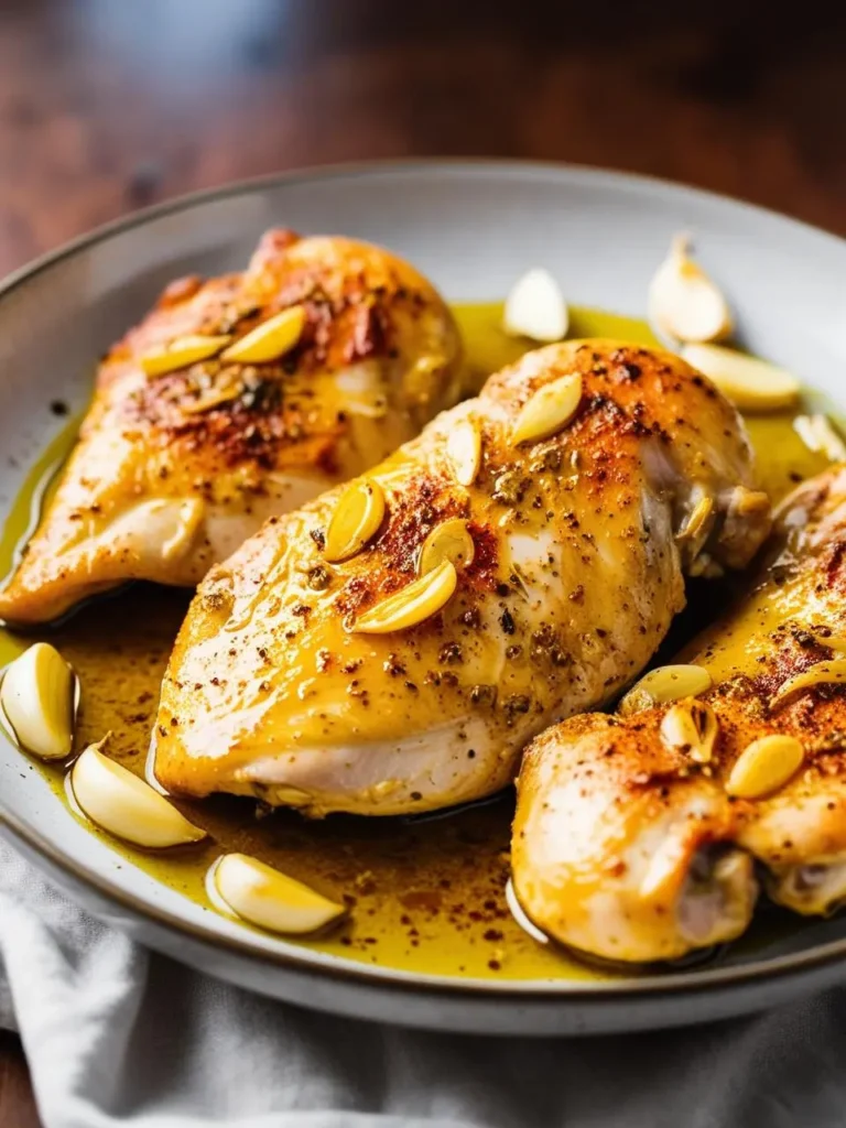 Three golden-brown chicken breasts are arranged on a plate, garnished with roasted garlic cloves and surrounded by a pool of flavorful juices. The chicken looks juicy and tender, and the garlic adds a touch of flavor and aroma.