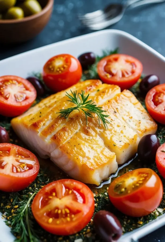 A golden-brown cod fillet surrounded by juicy tomatoes and plump olives, nestled on a bed of herbs and spices