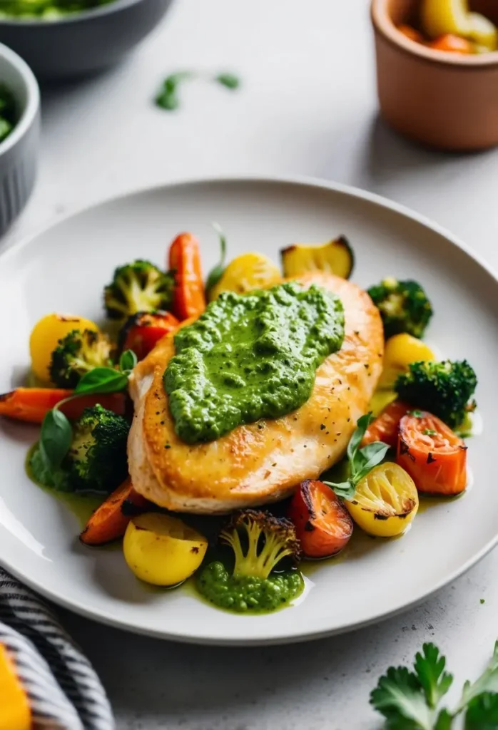 A golden-brown chicken breast topped with vibrant green pesto sauce, surrounded by colorful roasted vegetables on a clean white plate