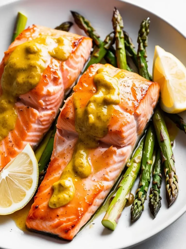 A plate of pan-seared salmon with a lemon-herb sauce. The salmon is served with roasted asparagus and a lemon wedge.