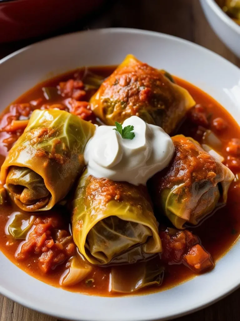 A close-up view of a plate of cabbage rolls. The rolls are filled with a savory mixture and simmered in a rich tomato sauce. A dollop of sour cream and a sprig of parsley garnish the dish.