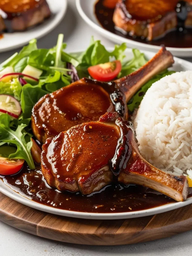 Two juicy pork chops glazed with a rich, sticky sauce are served on a plate alongside a side of fluffy white rice and a colorful salad. The dish looks delicious and satisfying.