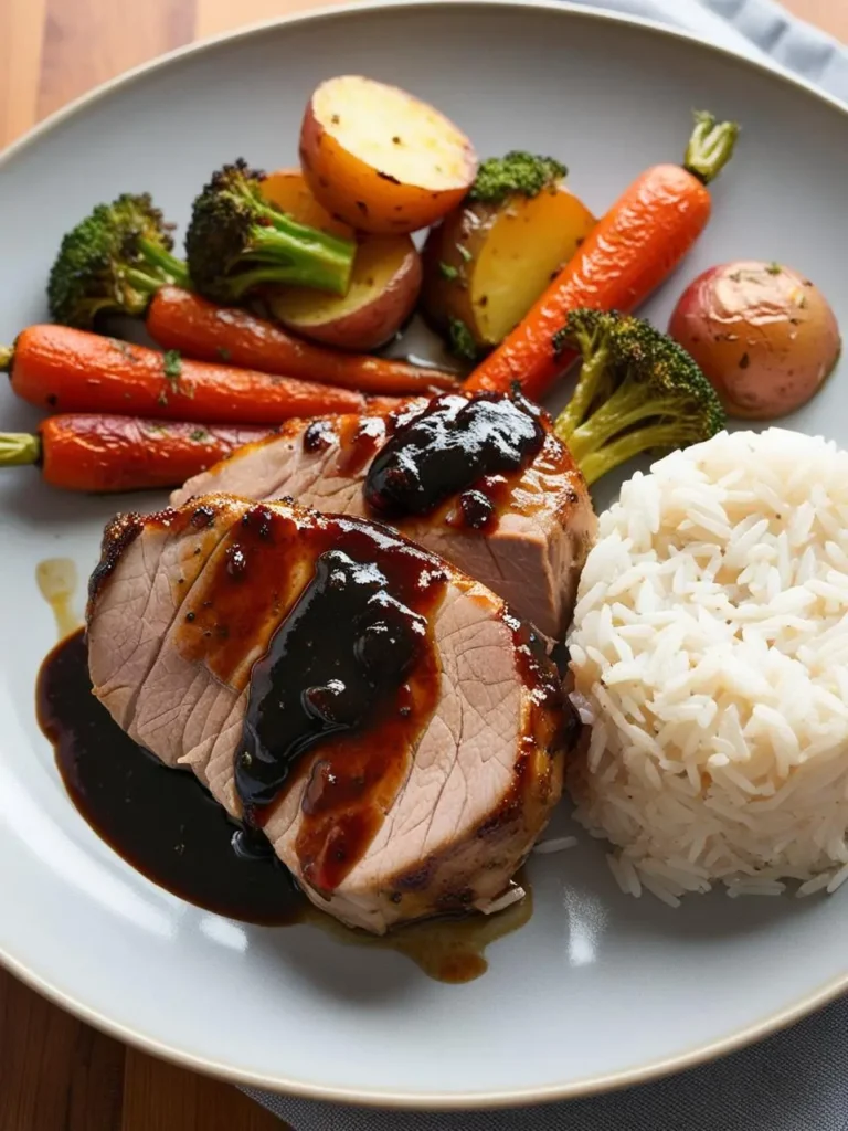 A plate of tender pork tenderloin, seared to perfection and topped with a rich, flavorful glaze. The pork is served alongside a mound of fluffy white rice and a colorful medley of roasted vegetables, including carrots, potatoes, and broccoli. The dish looks incredibly appetizing and complete.