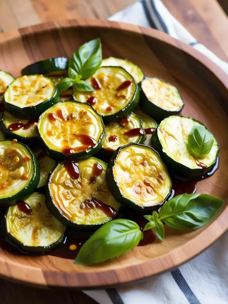 A wooden plate filled with grilled zucchini slices. The zucchini is drizzled with a balsamic glaze and garnished with fresh basil leaves.