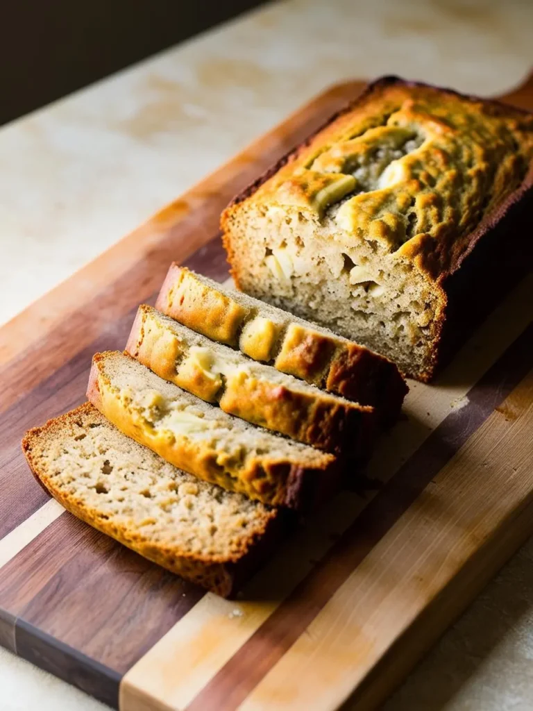 A loaf of freshly baked banana bread is sliced on a wooden cutting board. The bread is golden brown and has a moist texture. The slices reveal the banana chunks inside.