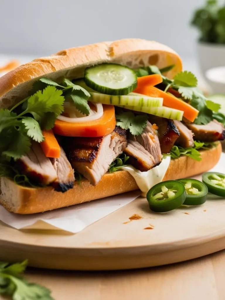 A mouthwatering Vietnamese banh mi sandwich. The baguette is generously filled with grilled pork, fresh vegetables like cucumbers and carrots, and a drizzle of creamy sauce. Sliced jalapenos and cilantro add a touch of spice and freshness.