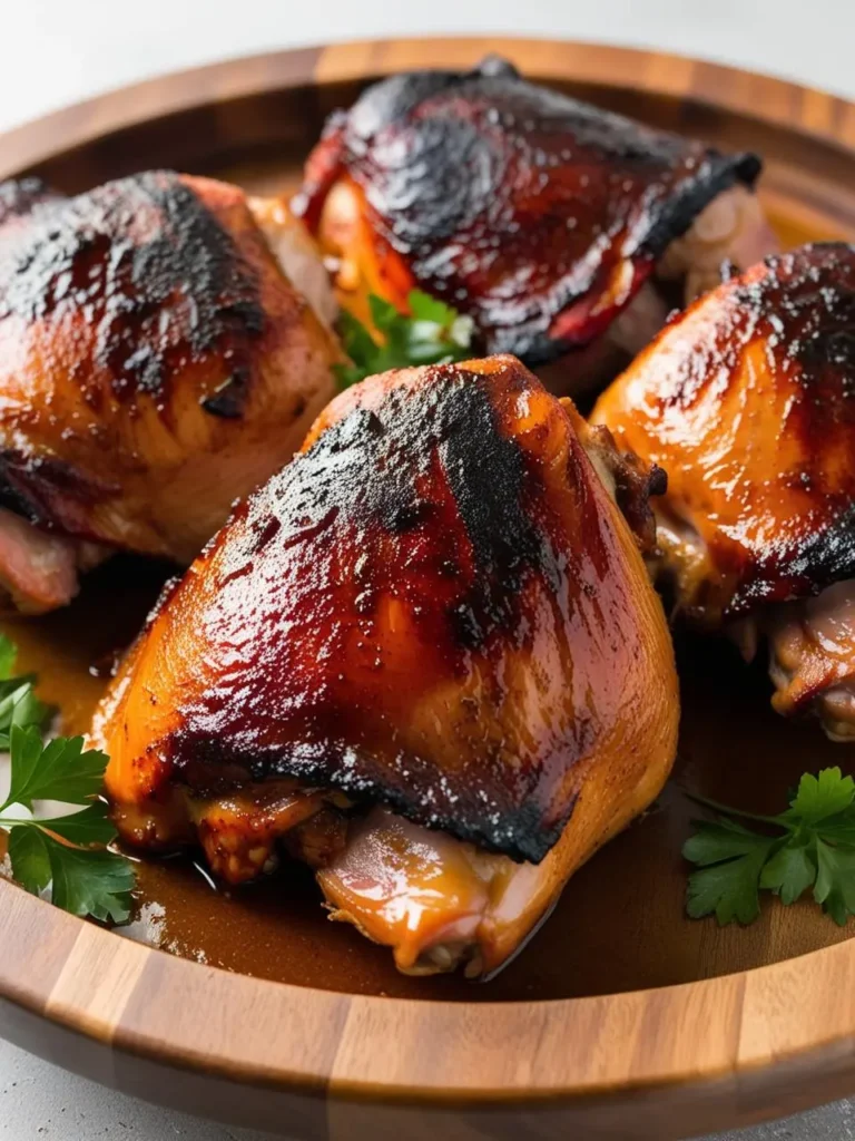 A close-up image of four glazed chicken thighs on a wooden platter. The thighs are golden brown and glossy, with a rich, caramelized glaze. Fresh parsley sprigs add a touch of color and freshness to the dish. The image looks incredibly appetizing and perfect for a weeknight dinner or a special occasion.