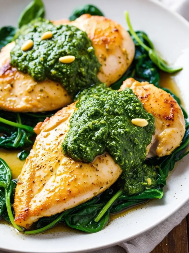 Two golden-brown chicken breasts are smothered in a vibrant green pesto sauce and served on a bed of spinach. The dish looks incredibly appetizing and perfect for a light and healthy meal.