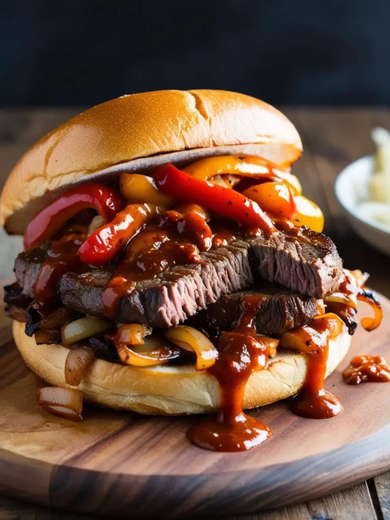 A close-up image of a steak sandwich with grilled onions, peppers, and a spicy sauce on a toasted roll. The sandwich looks incredibly appetizing and perfect for a satisfying meal.