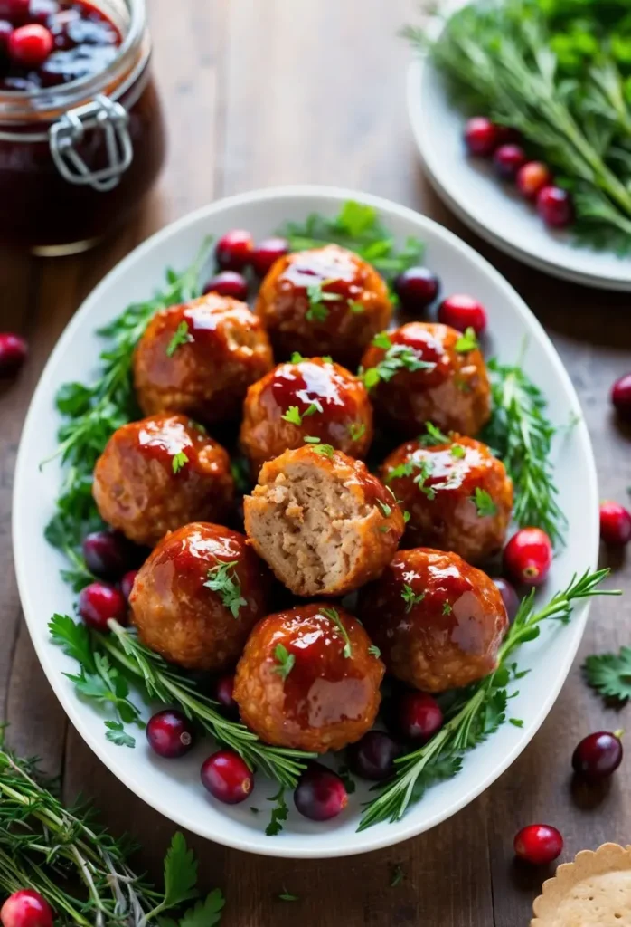 A platter of juicy turkey meatballs glistening with a sweet and savory glaze. The meatballs are nestled on a bed of fresh rosemary sprigs and scattered with bright red cranberries. A jar of cranberry sauce and a sprig of fresh herbs complete the festive scene.