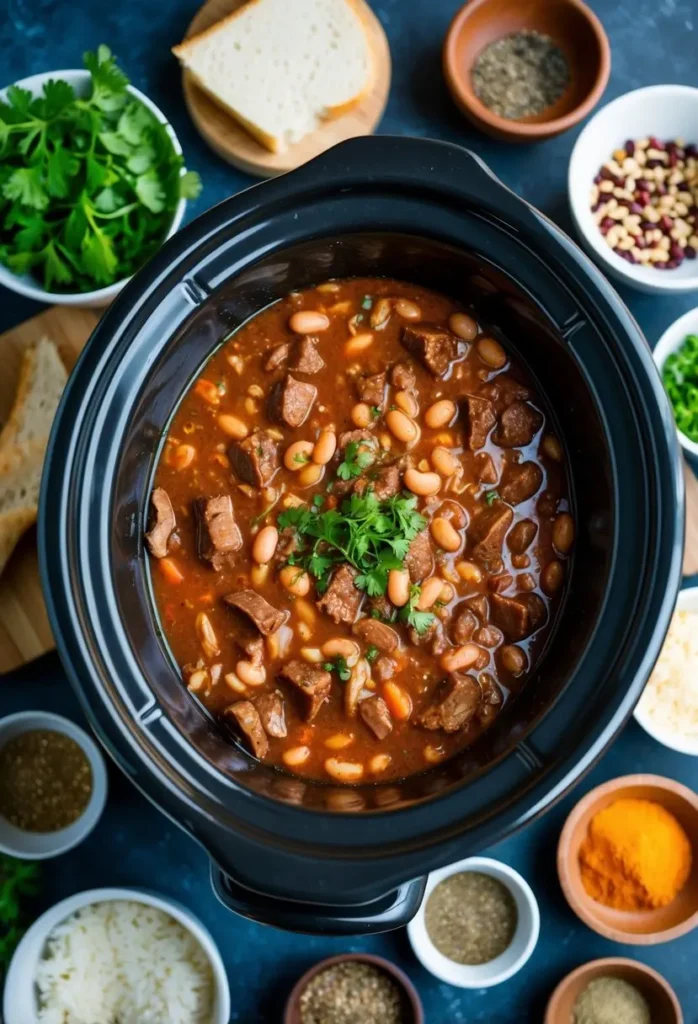 A slow cooker filled with a hearty stew. The stew is made with chunks of beef, white beans, and vegetables, and is simmering in a rich, flavorful broth. The slow cooker is surrounded by various ingredients, including herbs, spices, and bread, suggesting that this is a home-cooked meal.