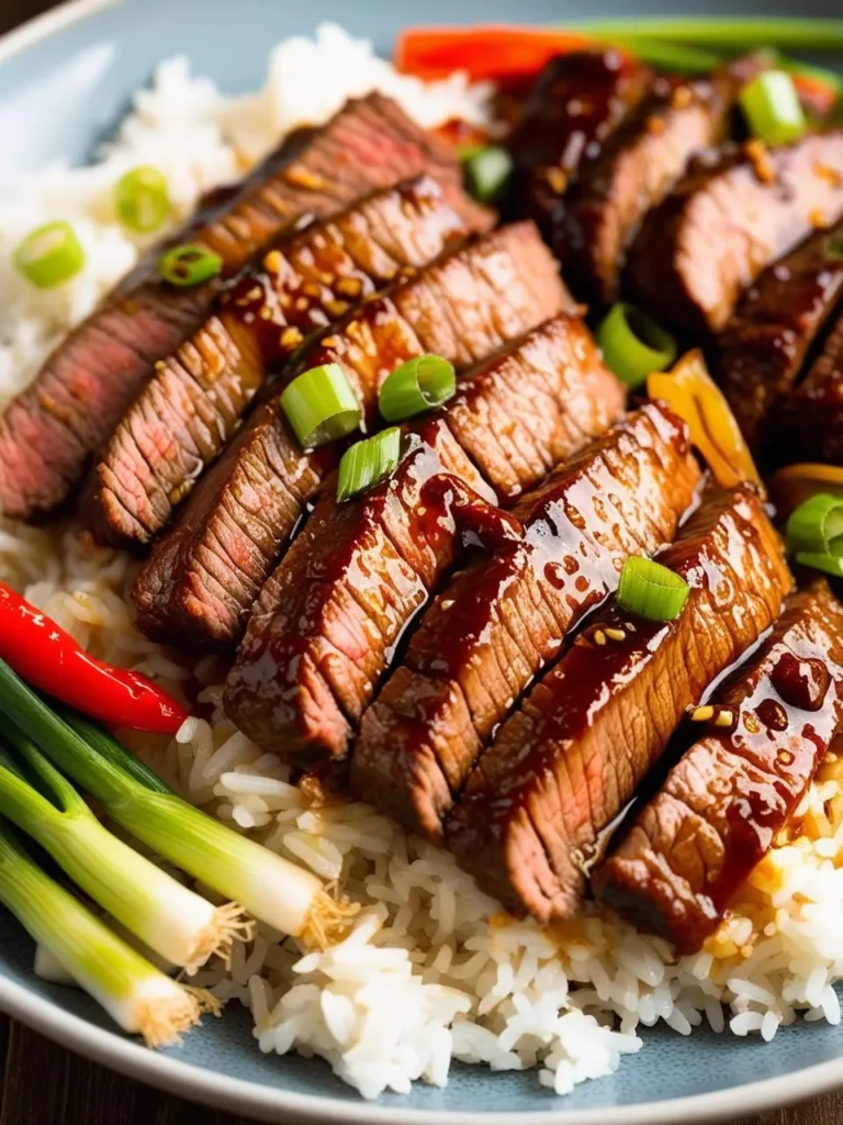 A plate of Asian London Broil, featuring thinly sliced beef steak coated in a rich, savory glaze. The steak is served over a bed of white rice and garnished with green onions and chili peppers. The dish looks flavorful and satisfying.