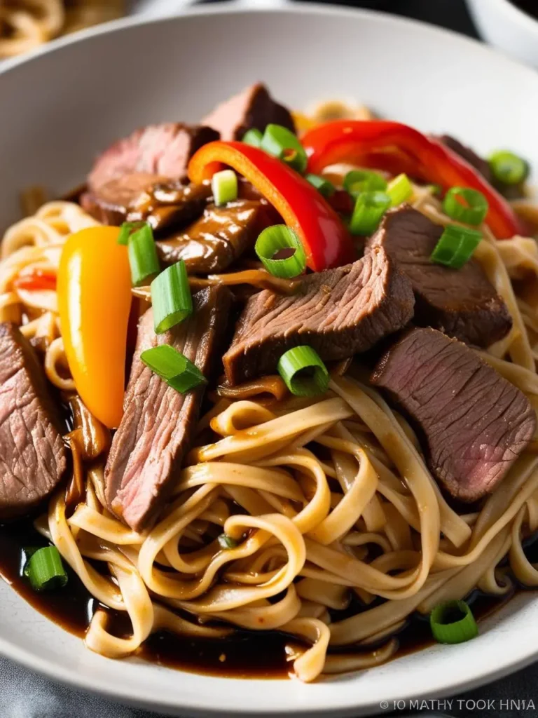 A plate of Asian-inspired noodles with sliced beef and vegetables. The noodles are coated in a rich, savory sauce, and the dish is garnished with green onions and bell peppers. It looks like a flavorful and satisfying meal.