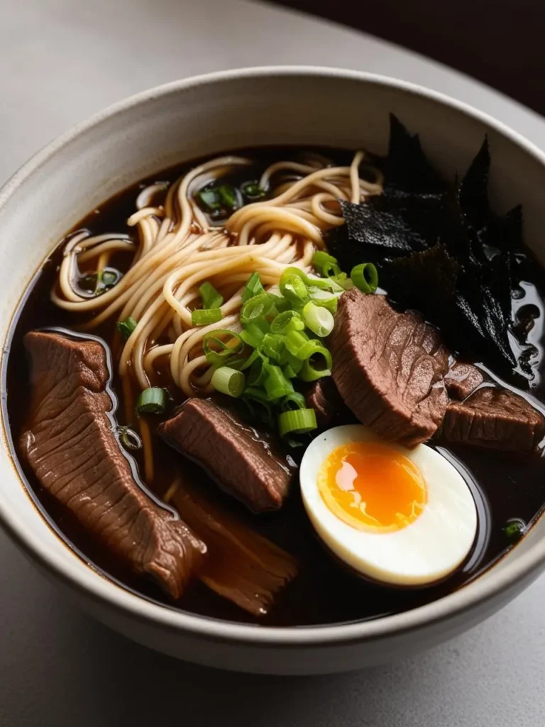 A bowl of rich beef ramen with a dark, flavorful broth. The ramen is topped with slices of tender beef, a soft-boiled egg, nori seaweed, and green onions.