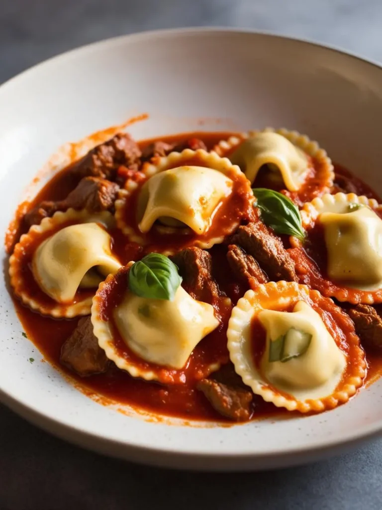 A plate of ravioli with a rich meat sauce. The ravioli is filled with a savory filling, and the sauce is made with tender pieces of meat and a flavorful tomato base. The dish is garnished with fresh basil leaves, adding a touch of freshness and flavor. It looks delicious and inviting.