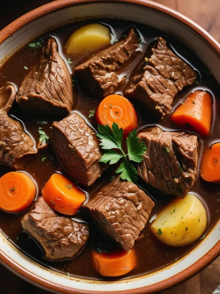 A close-up of a bowl of hearty beef stew. The stew is filled with tender chunks of beef, carrots, and potatoes, all simmered in a rich, flavorful broth. The dish looks warm, comforting, and perfect for a cold day.