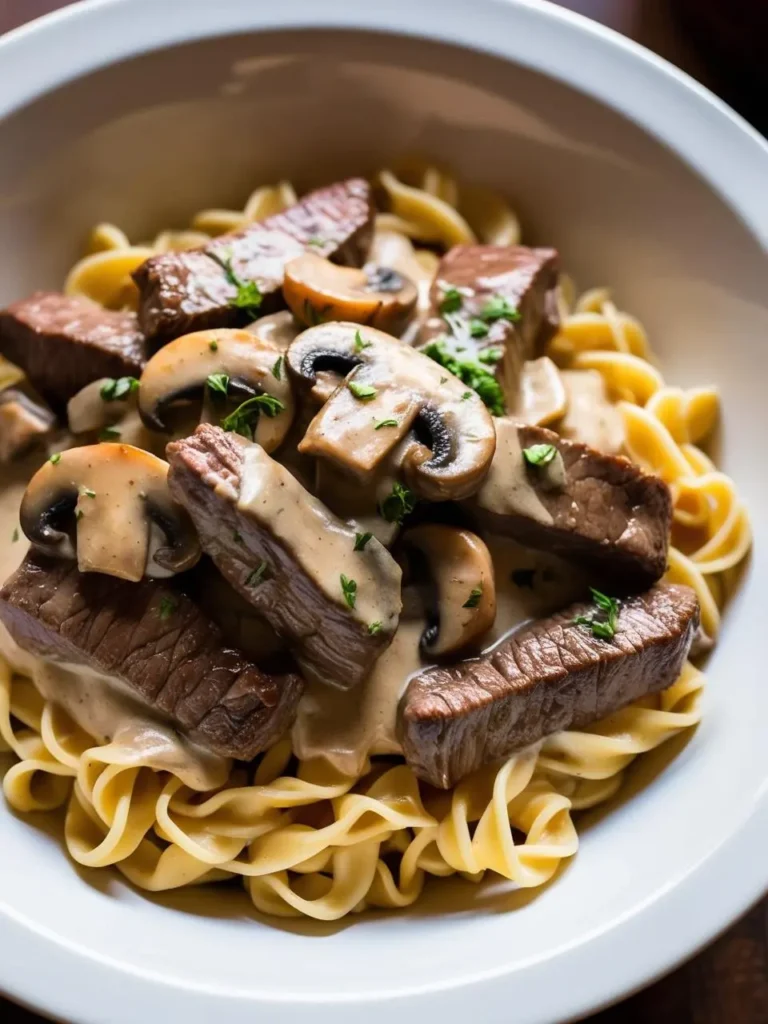 A plate of beef stroganoff served over egg noodles. The dish is topped with fresh parsley and is filled with tender pieces of beef, mushrooms, and a creamy sauce. It looks delicious and inviting.