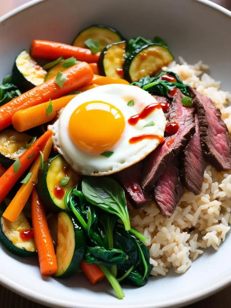 A vibrant and nutritious bibimbap bowl. The dish features a perfectly cooked fried egg, sliced steak, and a medley of roasted vegetables like carrots, zucchini, and spinach, all served over a bed of brown rice. The presentation is colorful and appetizing.