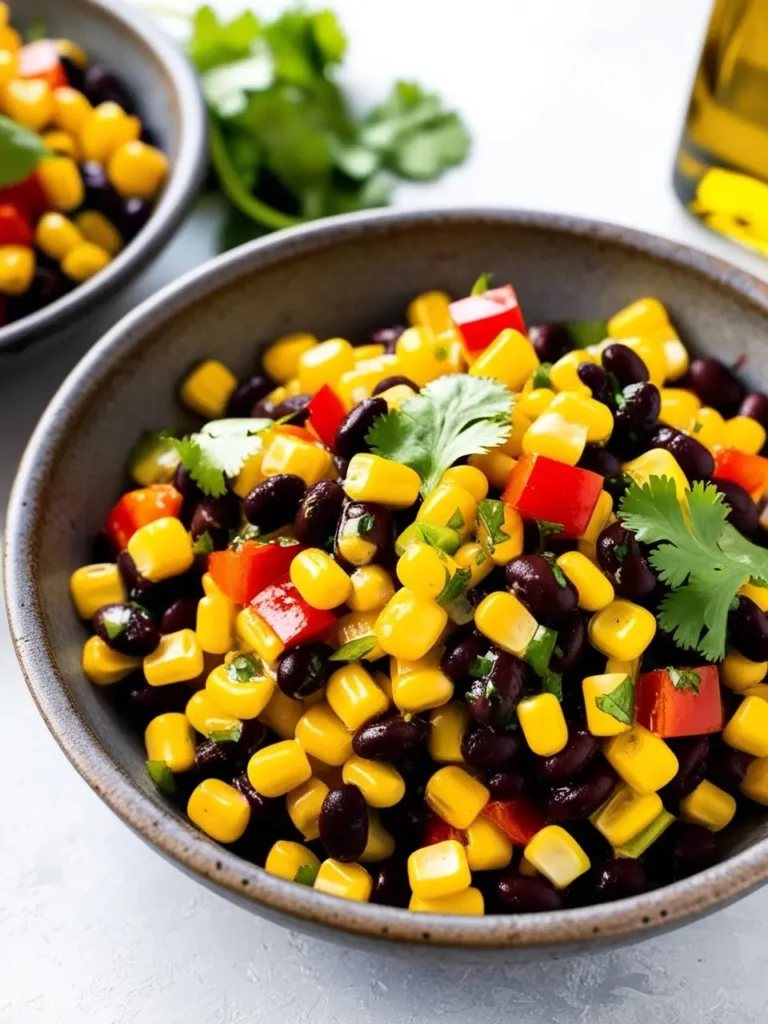 A bowl of vibrant black bean and corn salad. The salad is a mix of sweet corn kernels, black beans, diced bell peppers, and fresh cilantro. It looks refreshing and perfect for a summer side dish.