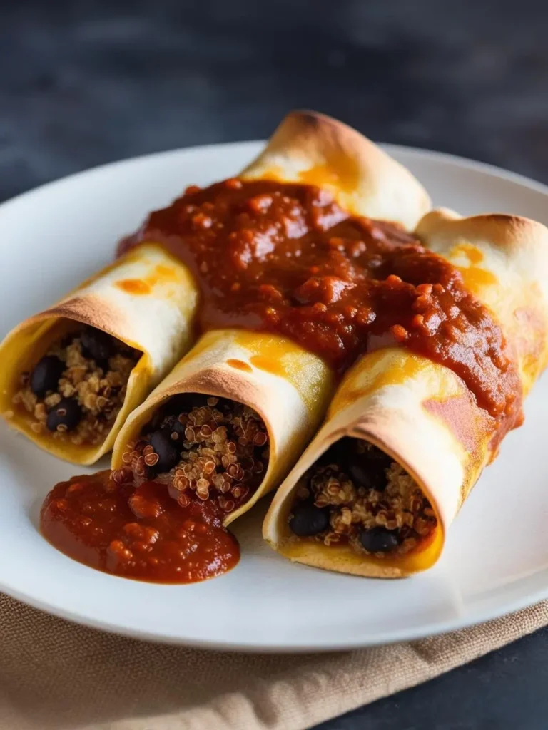 A plate of three golden-brown enchiladas. They are filled with a mixture of black beans and quinoa, then topped with a rich, red enchilada sauce. The dish looks hearty, flavorful, and perfect for a satisfying meal.