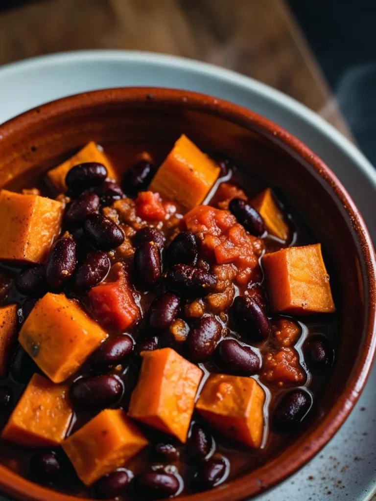 A bowl of hearty vegan chili, brimming with tender chunks of sweet potato and black beans. The chili has a rich, savory flavor and looks incredibly comforting.