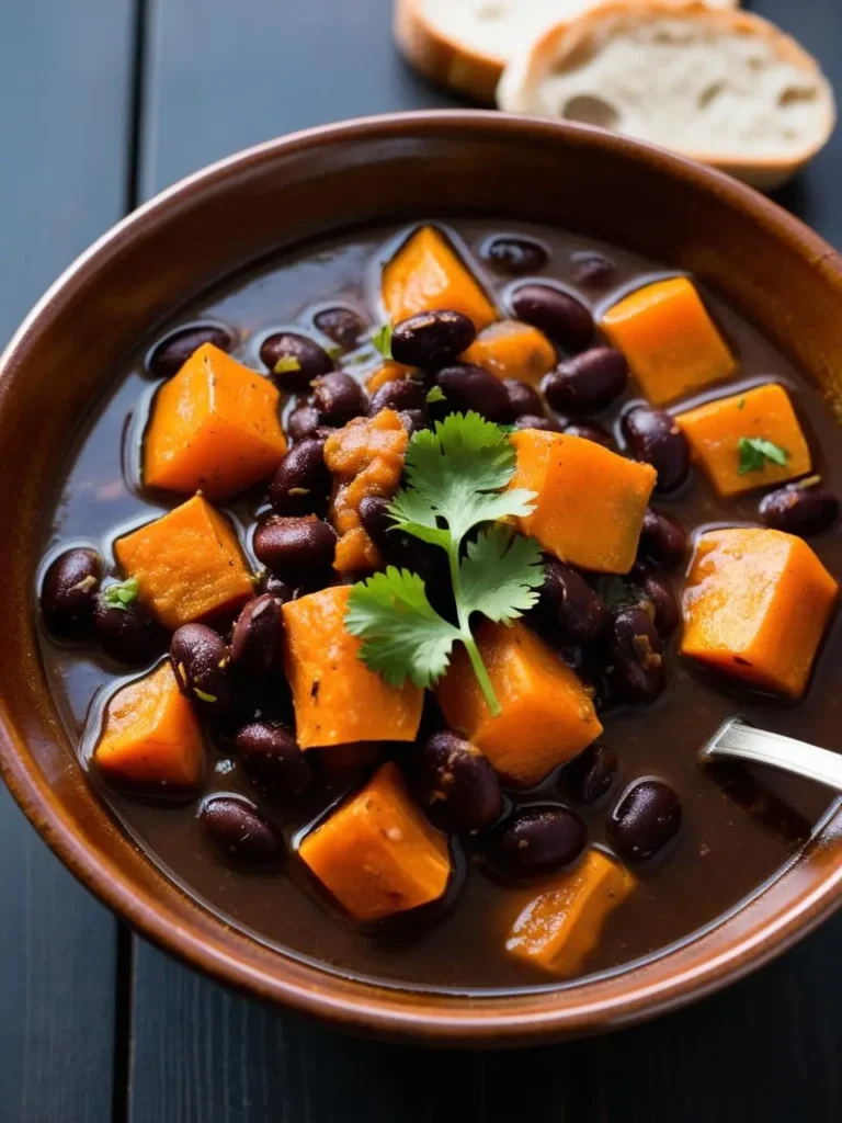 A bowl of hearty black bean soup with chunks of sweet potato. The soup is simmered to a rich, dark color, and garnished with fresh cilantro. A slice of crusty bread is placed beside the bowl, perfect for dipping.