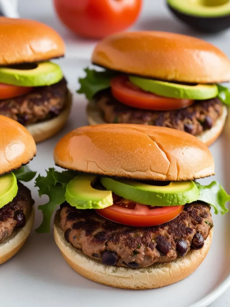 A plate of delicious-looking black bean burgers. The burgers are topped with fresh avocado slices, tomato slices, and lettuce. They look juicy and flavorful, perfect for a healthy and satisfying meal.