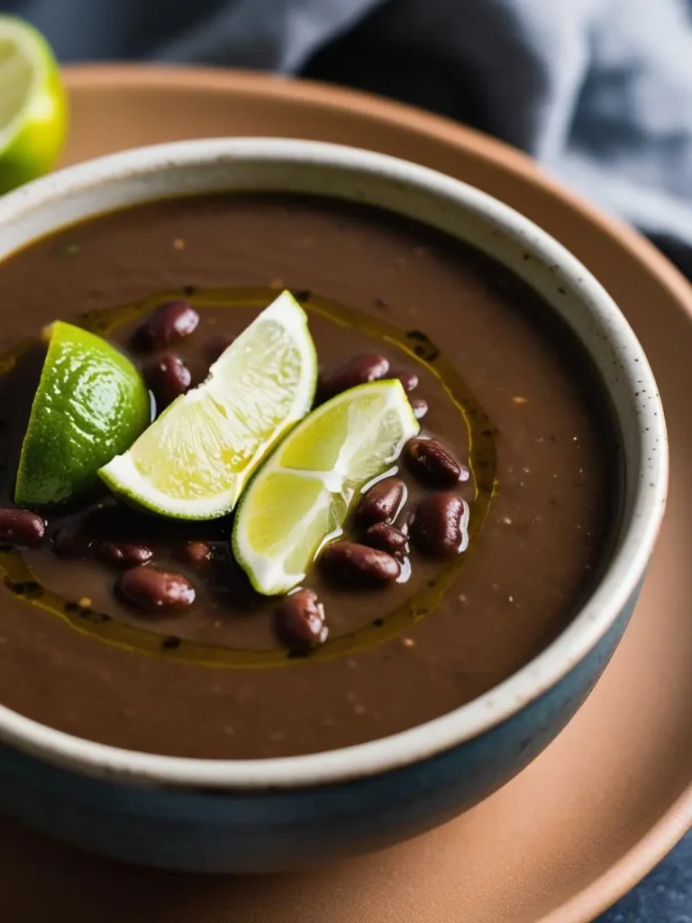 A bowl of creamy black bean soup. The soup is garnished with lime wedges and drizzled with olive oil. It looks rich, flavorful, and perfect for a hearty meal.