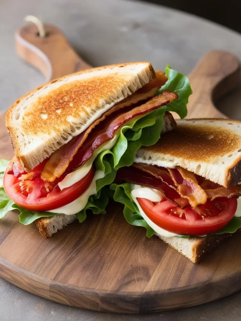 Two halves of a BLT sandwich on a wooden cutting board. The sandwich is made with toasted bread, crisp bacon, lettuce, tomato, and mayonnaise.