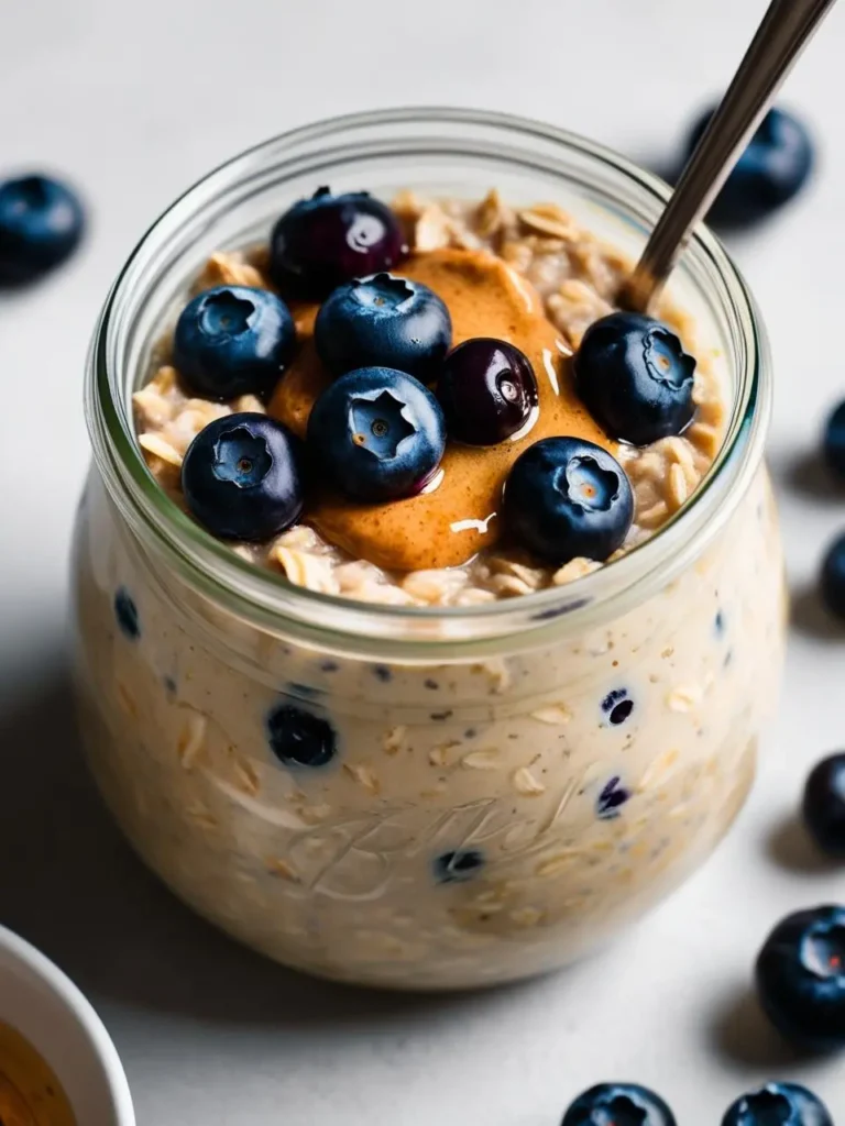 A close-up of a jar filled with creamy overnight oats. The oats are topped with a generous serving of fresh blueberries and a drizzle of peanut butter. The image looks delicious and inviting.