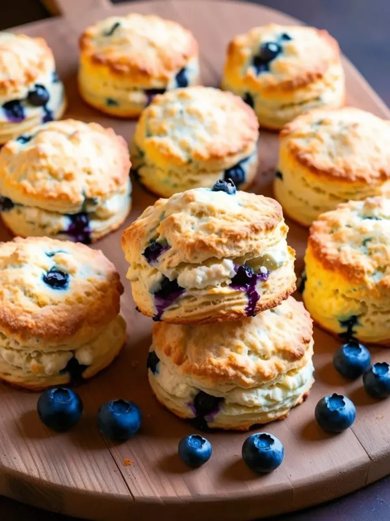 A wooden board overflowing with freshly baked blueberry scones. The scones are golden brown and studded with juicy blueberries. Some scones are stacked, revealing a glimpse of the soft, fluffy interior. A few scattered blueberries add to the visual appeal.