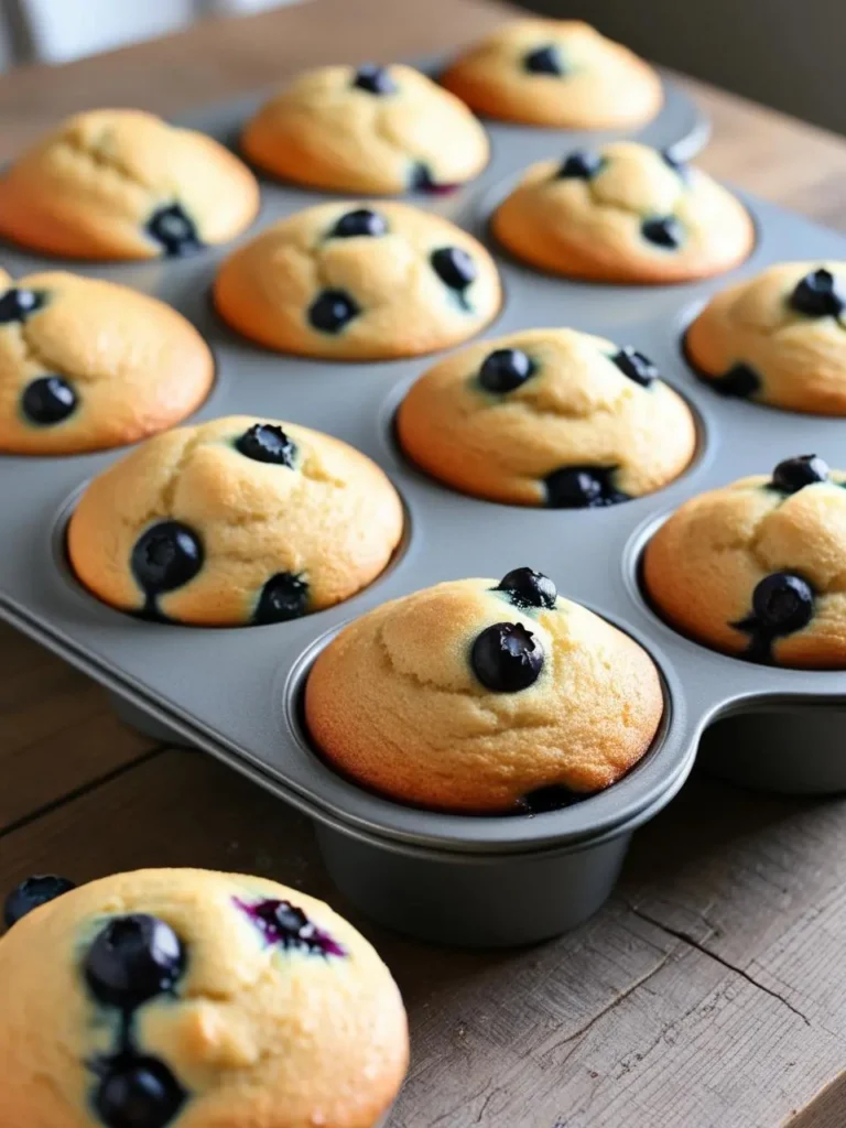 A muffin tin filled with freshly baked blueberry muffins. The muffins are golden brown and have blueberries scattered on top. The image looks incredibly appetizing and perfect for a breakfast treat.