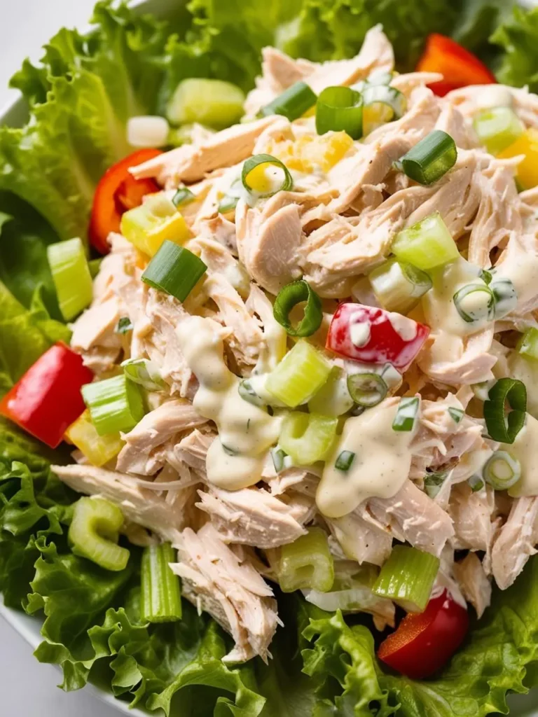 A close-up of a bowl of creamy chicken salad. The salad is made with shredded chicken, celery, red bell pepper, and green onions, and is dressed with a creamy mayonnaise-based dressing. The salad is served on a bed of lettuce leaves.