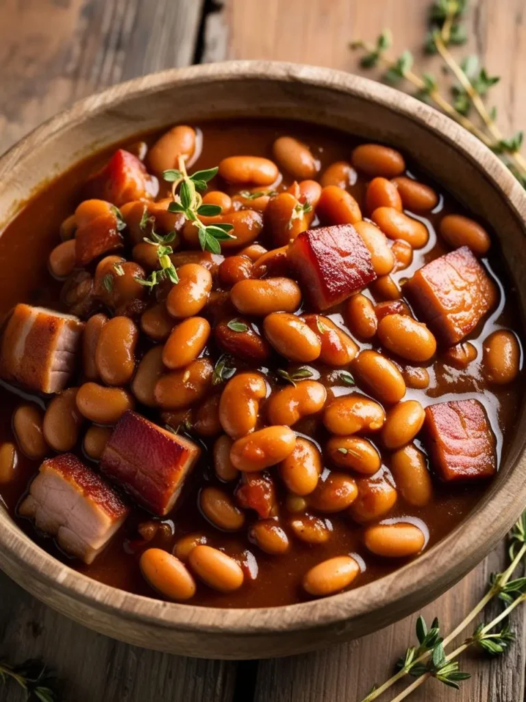 A close-up of a bowl of baked beans. The beans are cooked in a rich, tomato-based sauce and topped with crispy bacon bits. The dish looks warm, comforting, and perfect for a cold day.