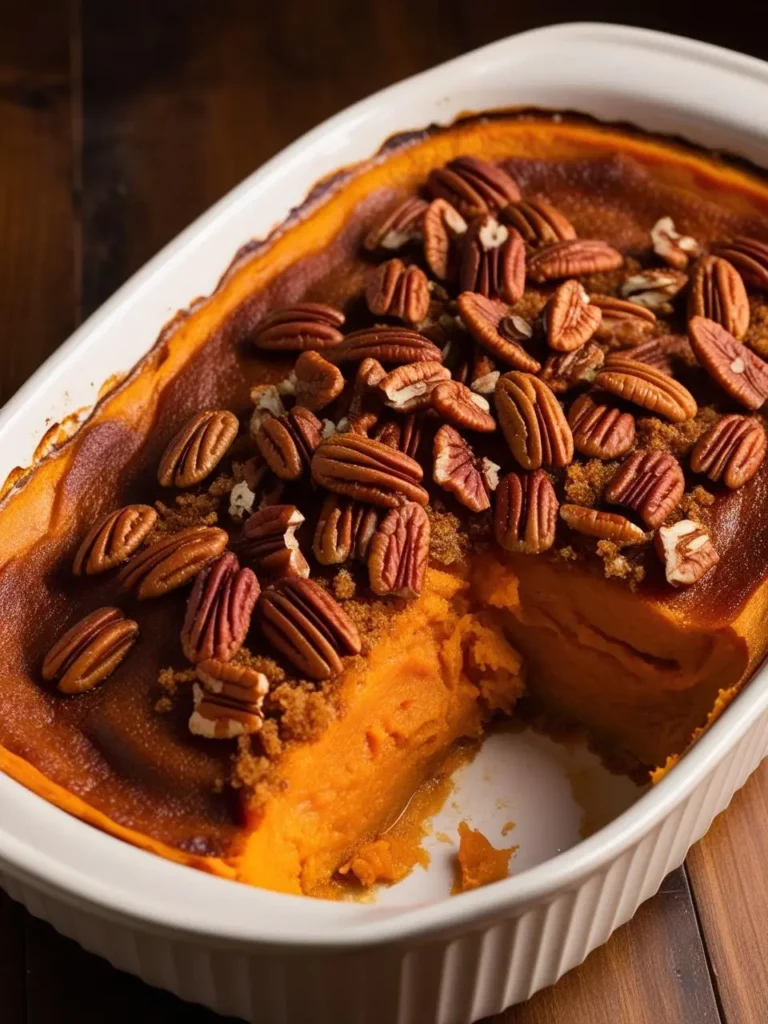 A golden-brown sweet potato casserole topped with toasted pecans and brown sugar. The casserole is in a white baking dish and looks incredibly appetizing and perfect for a holiday meal.




