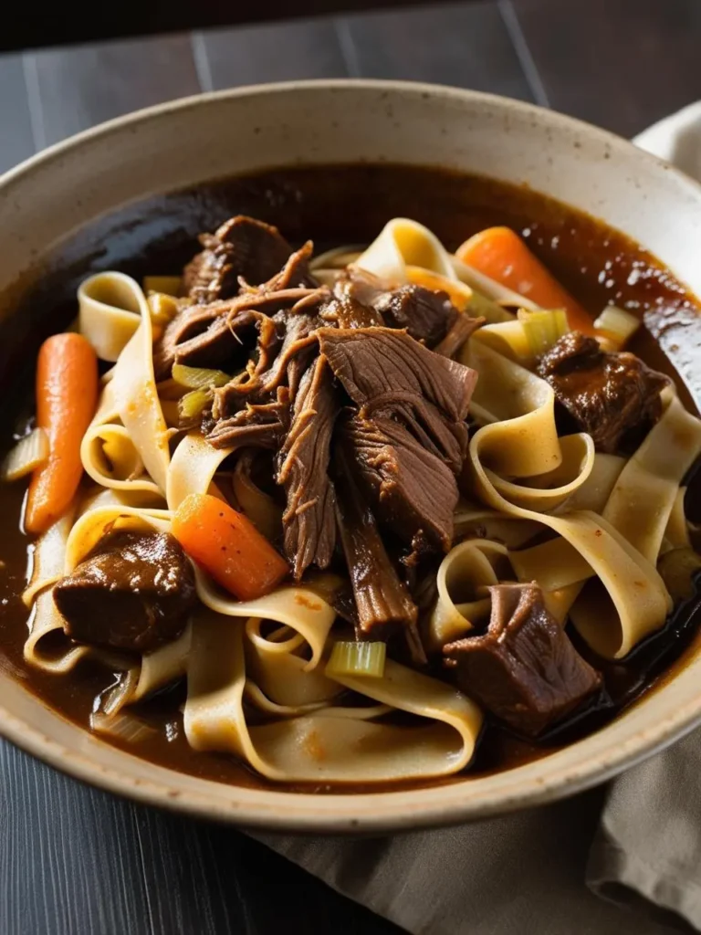 A bowl of hearty beef stew with tender chunks of meat, vegetables, and wide pappardelle pasta. The stew looks rich, flavorful, and perfect for a cold winter day.