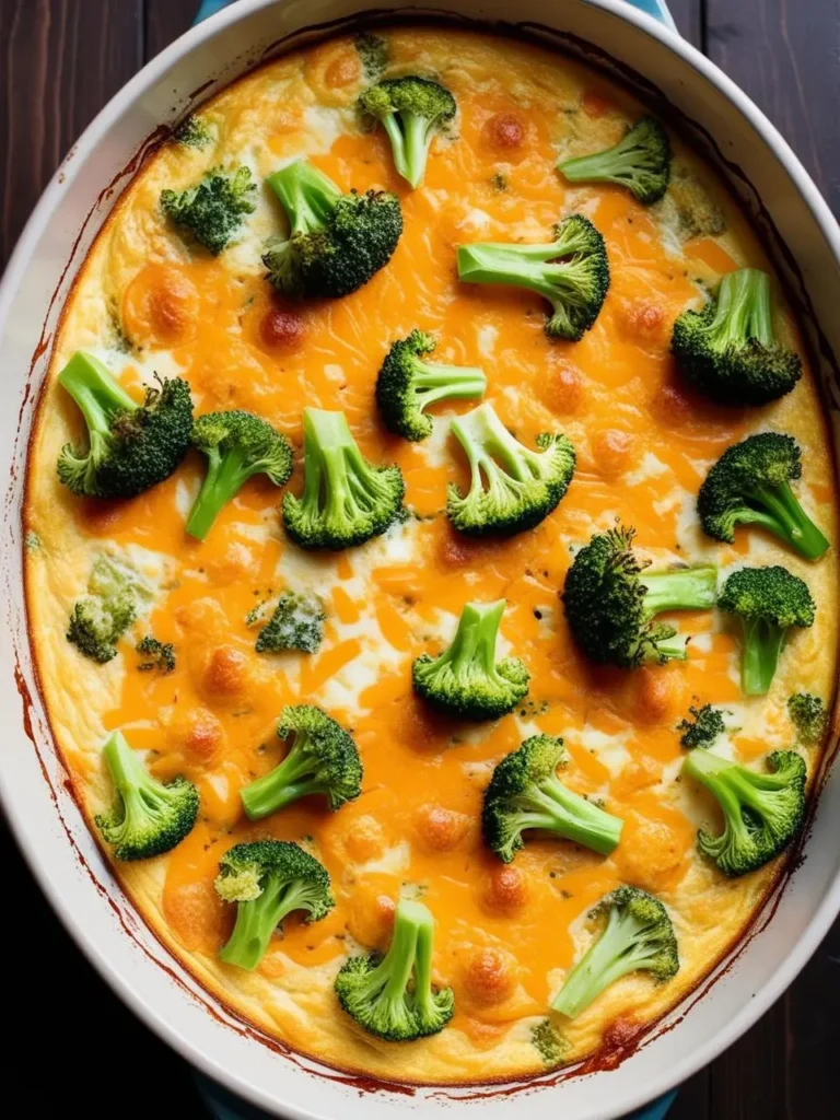 A golden-brown crustless quiche topped with fresh broccoli florets and melted cheese. The quiche is baked until bubbly, with the cheese creating a beautiful golden crust.