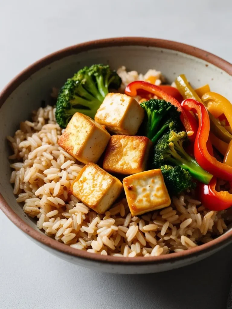 A bowl of tofu stir-fry with brown rice, broccoli, and bell peppers. The tofu is golden brown and crispy, and the vegetables are colorful and vibrant. It looks like a delicious and healthy meal.