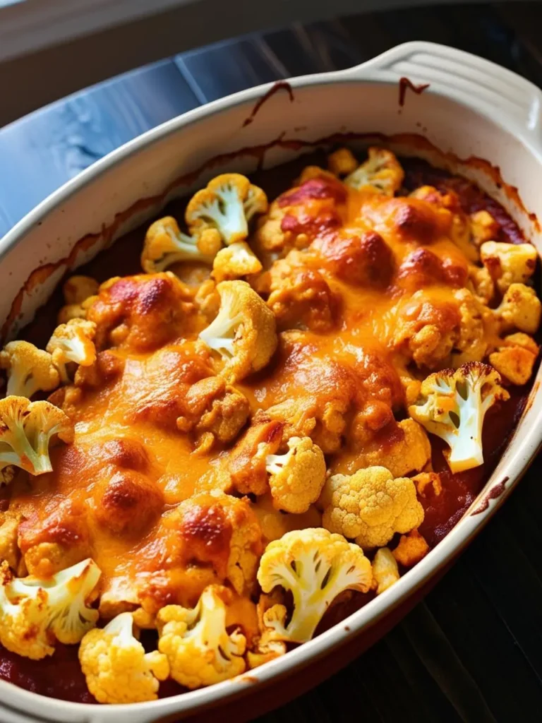 A close-up view of a cheesy cauliflower casserole in a white baking dish. The casserole is topped with melted cheddar cheese and features large florets of cauliflower baked in a creamy sauce.