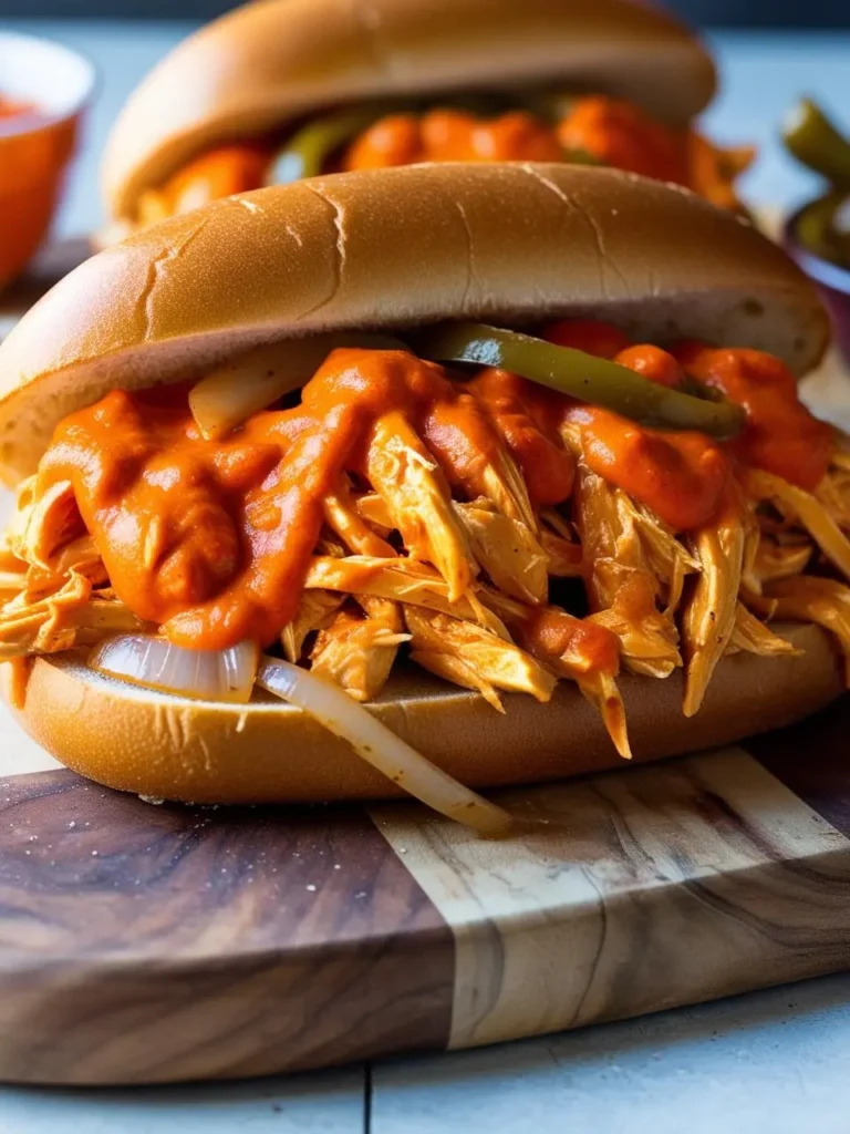 A close-up image of a pulled pork sandwich on a wooden board. The sandwich is filled with shredded pork and topped with a tangy barbecue sauce and pickled jalapeños. The sandwich looks incredibly appetizing and perfect for a barbecue or backyard party.