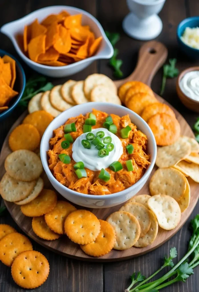 A bowl of creamy buffalo chicken dip is surrounded by a variety of crackers and tortilla chips on a wooden board. The dip is topped with sour cream, green onions, and sliced jalapeños. The image looks incredibly appetizing and perfect for a party or game day snack.