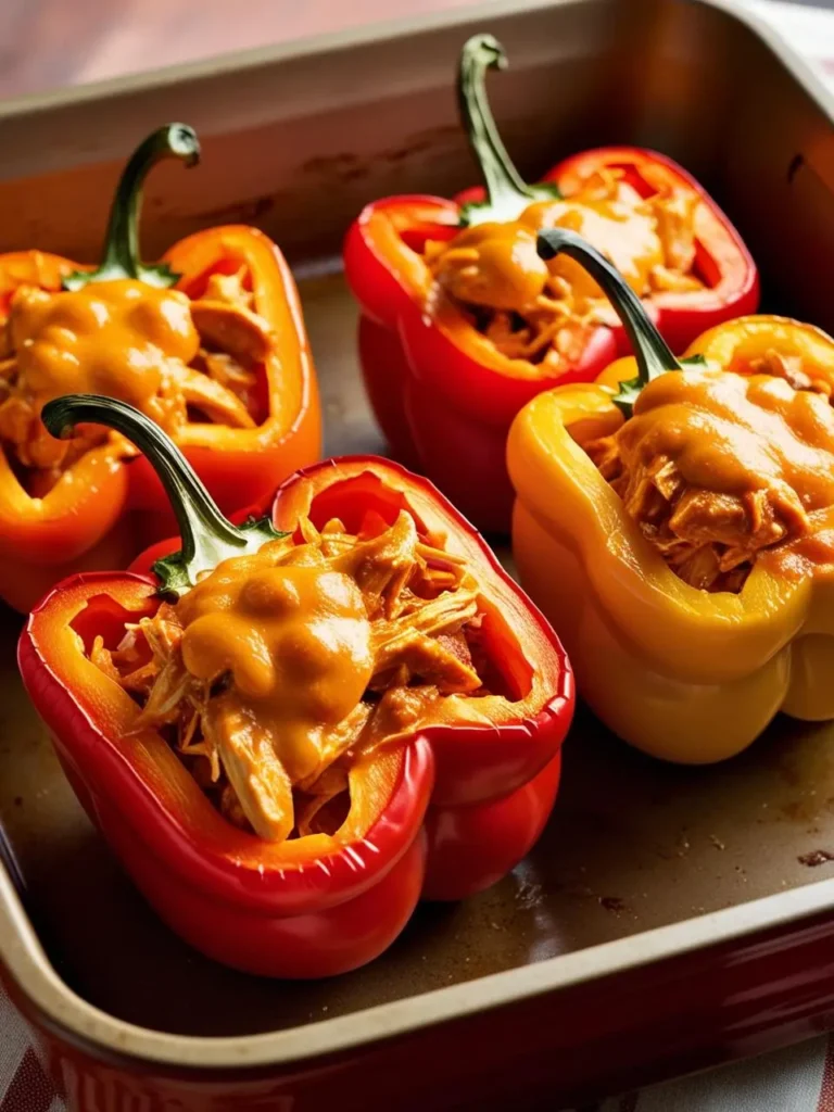 A baking dish filled with four colorful bell peppers. Each pepper is stuffed with a creamy chicken and cheese mixture, ready to be baked to perfection. The dish looks delicious and inviting.