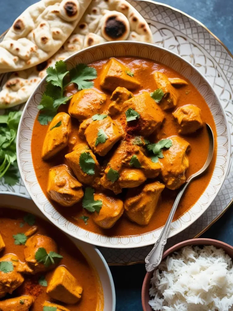 A bowl of creamy butter chicken curry served with naan bread and rice. The chicken is tender and flavorful, and the sauce is rich and creamy. The dish is garnished with fresh cilantro and looks delicious and inviting.