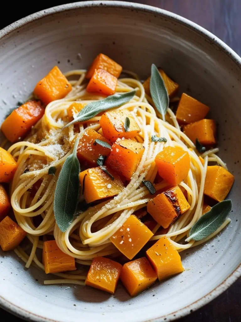 A bowl of spaghetti tossed with roasted butternut squash and fresh sage leaves. The dish is garnished with grated Parmesan cheese, adding a touch of flavor and texture.