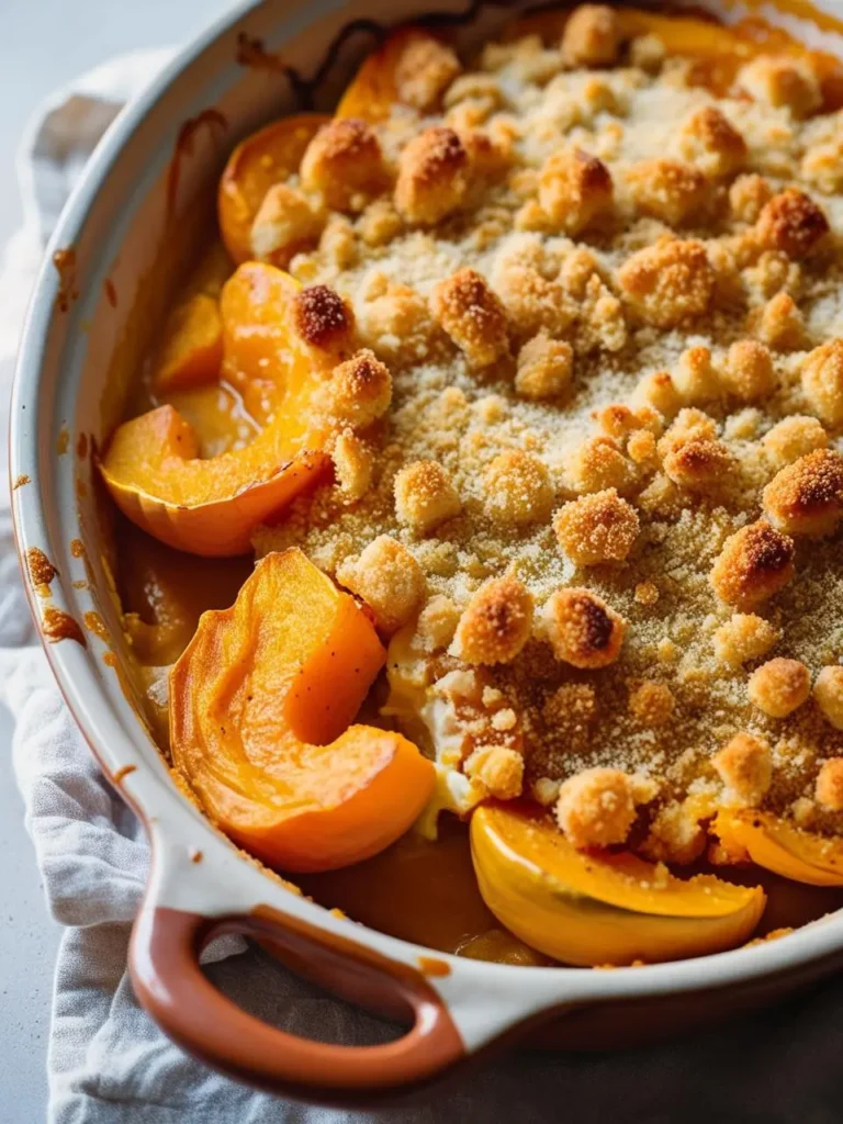 A baking dish filled with a golden, baked butternut squash casserole. The dish is topped with a crispy crumble and looks warm and inviting.